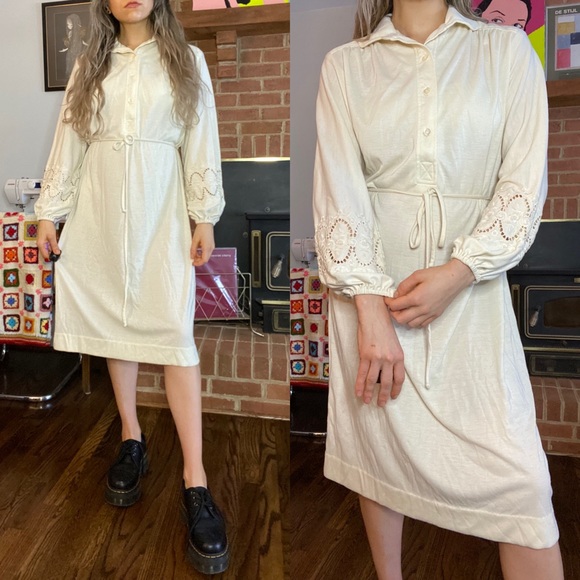 Vintage Dresses & Skirts - Vintage Jersey Stretch Knit Button Polo Collar Lace Eyelet Tie Belted Mi…
